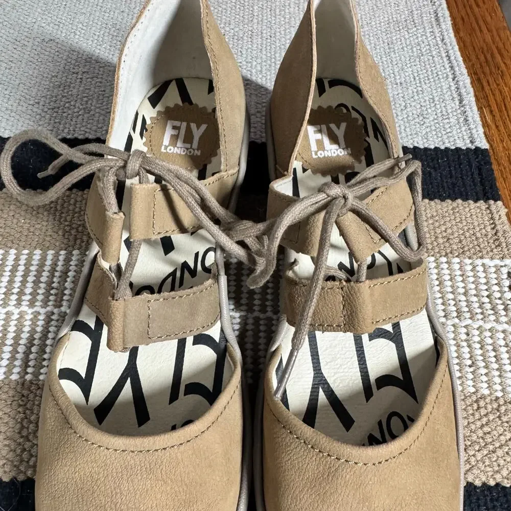 FLY London Beige/Tan Suede Lace-Up Low Wedge Heels: Size 9 / 40 - Picture 3 of 9
